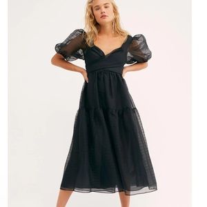 Free people black chiffon dress with puff sleeves
